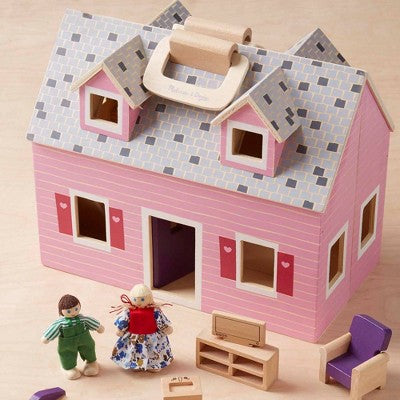 Melissa & Doug Fold And Go Wooden Dollhouse With 2 Dolls And Wooden Furniture