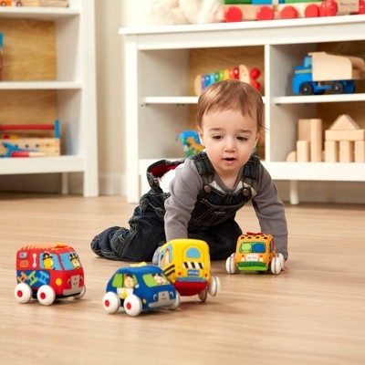 Melissa & Doug K's Kids Pull-Back Vehicle Set - Soft Baby Toy Set With 4 Cars And Trucks And Carrying Case