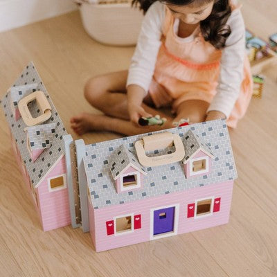  Melissa & Doug Fold And Go Wooden Dollhouse With 2 Dolls And Wooden Furniture