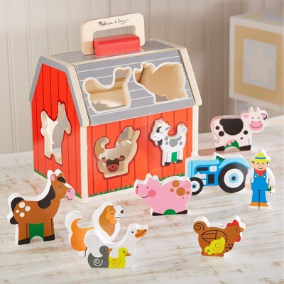  Melissa & Doug Take-Along Wooden Sorting Barn Learning Toy With Flip-Up Roof, Handle, Farm Play Pieces