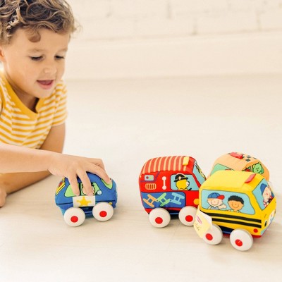  Melissa & Doug K's Kids Pull-Back Vehicle Set - Soft Baby Toy Set With 4 Cars And Trucks And Carrying Case