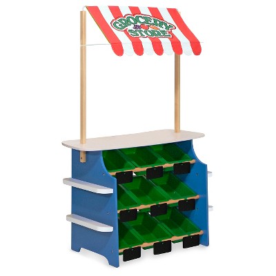  Melissa & Doug Wooden Grocery Store And Lemonade Stand - Reversible Awning, 9 Bins, Chalkboards