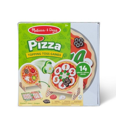 Melissa & Doug Wooden Double-Sided Pizza Topping Toss Games Bean Bag Target Game, Bingo, Tic-Tac-Toe, Matching, Number