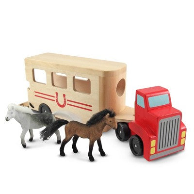  Melissa & Doug Horse Carrier Wooden Vehicle Play Set With 2 Flocked Horses And Pull-Down Ramp