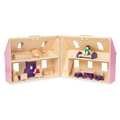  Melissa & Doug Fold And Go Wooden Dollhouse With 2 Dolls And Wooden Furniture