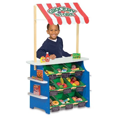  Melissa & Doug Wooden Grocery Store And Lemonade Stand - Reversible Awning, 9 Bins, Chalkboards