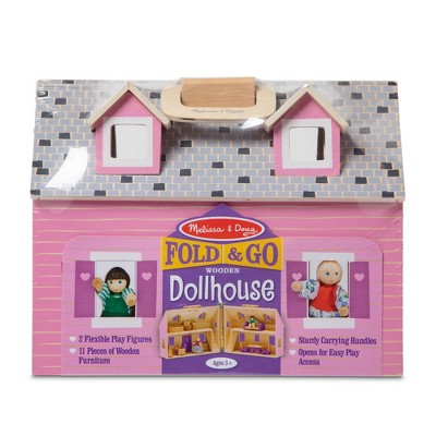  Melissa & Doug Fold And Go Wooden Dollhouse With 2 Dolls And Wooden Furniture