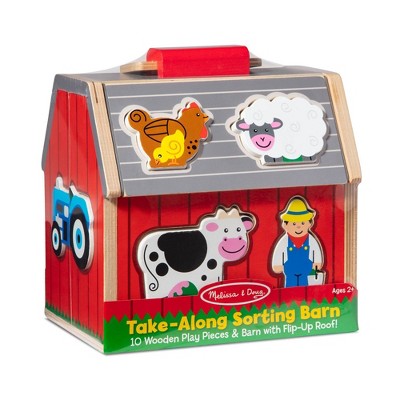  Melissa & Doug Take-Along Wooden Sorting Barn Learning Toy With Flip-Up Roof, Handle, Farm Play Pieces
