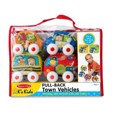  Melissa & Doug K's Kids Pull-Back Vehicle Set - Soft Baby Toy Set With 4 Cars And Trucks And Carrying Case