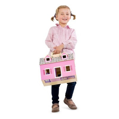  Melissa & Doug Fold And Go Wooden Dollhouse With 2 Dolls And Wooden Furniture