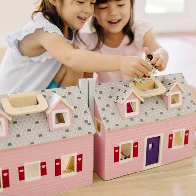  Melissa & Doug Fold And Go Wooden Dollhouse With 2 Dolls And Wooden Furniture