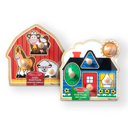 Melissa & Doug Jumbo Knob Wooden Puzzles Bundle - Shapes And Barn