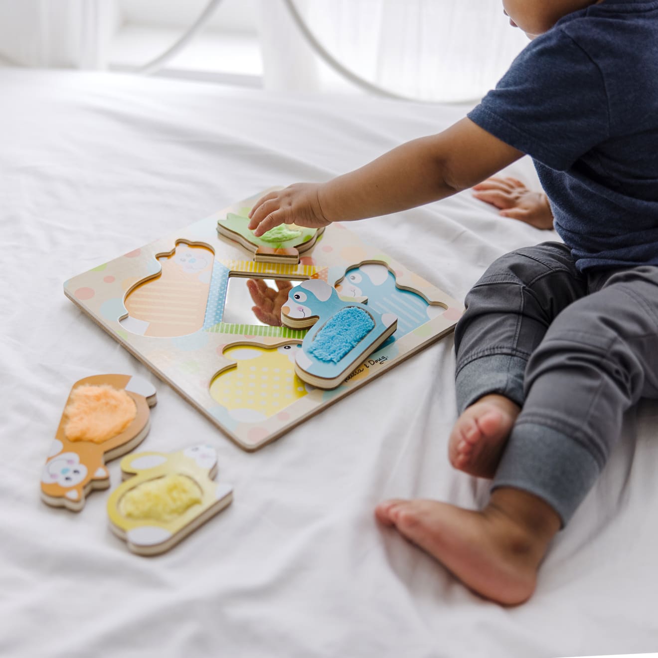 Melissa & Doug First Play Wooden Touch And Feel Puzzle Peek-a-Boo Pets With Mirror