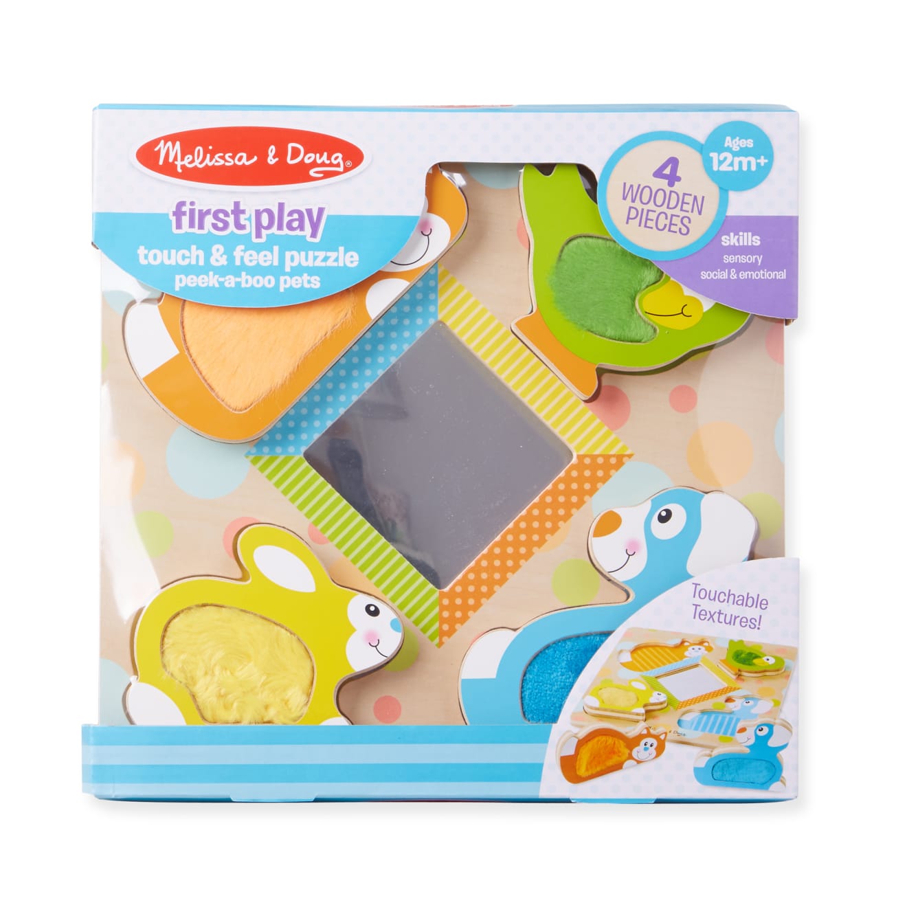 Melissa & Doug First Play Wooden Touch And Feel Puzzle Peek-a-Boo Pets With Mirror